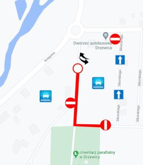 Mapa prezentuje tymczasową organizację ruchu wokół cmentarza parafialnego w Drzewicy, w pobliżu dworca autobusowego.