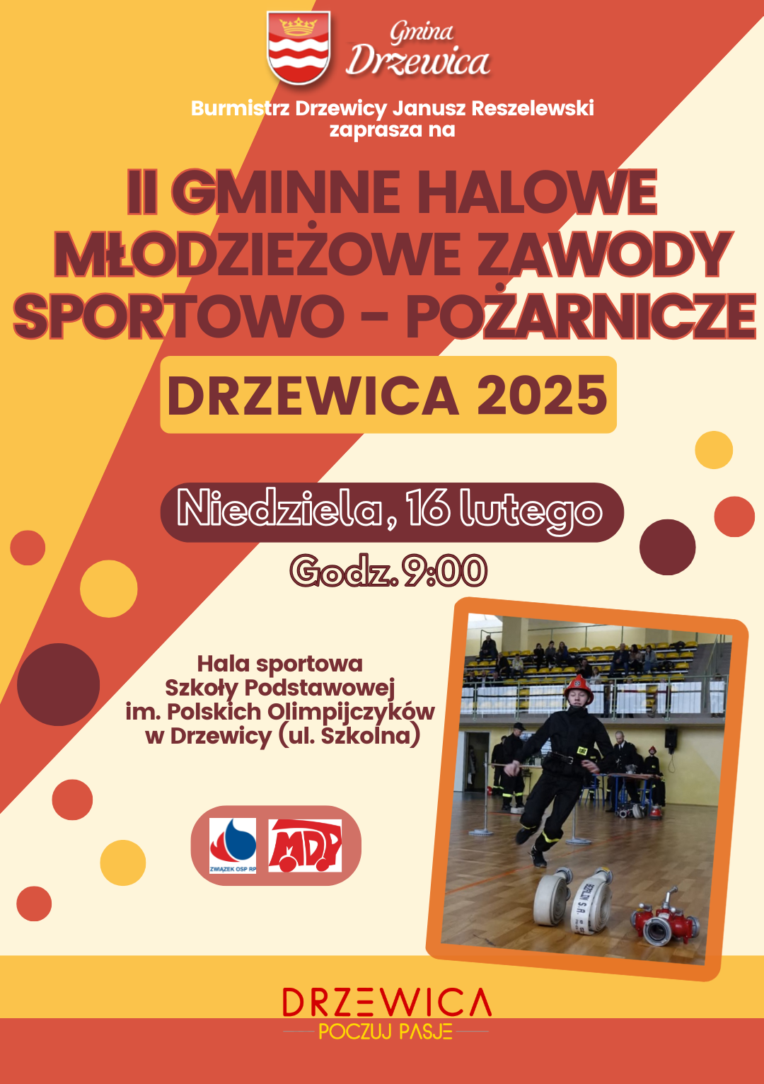 Plakat informujący o II Gminnych halowych młodzieżowych zawodach sportowo-pożarniczych