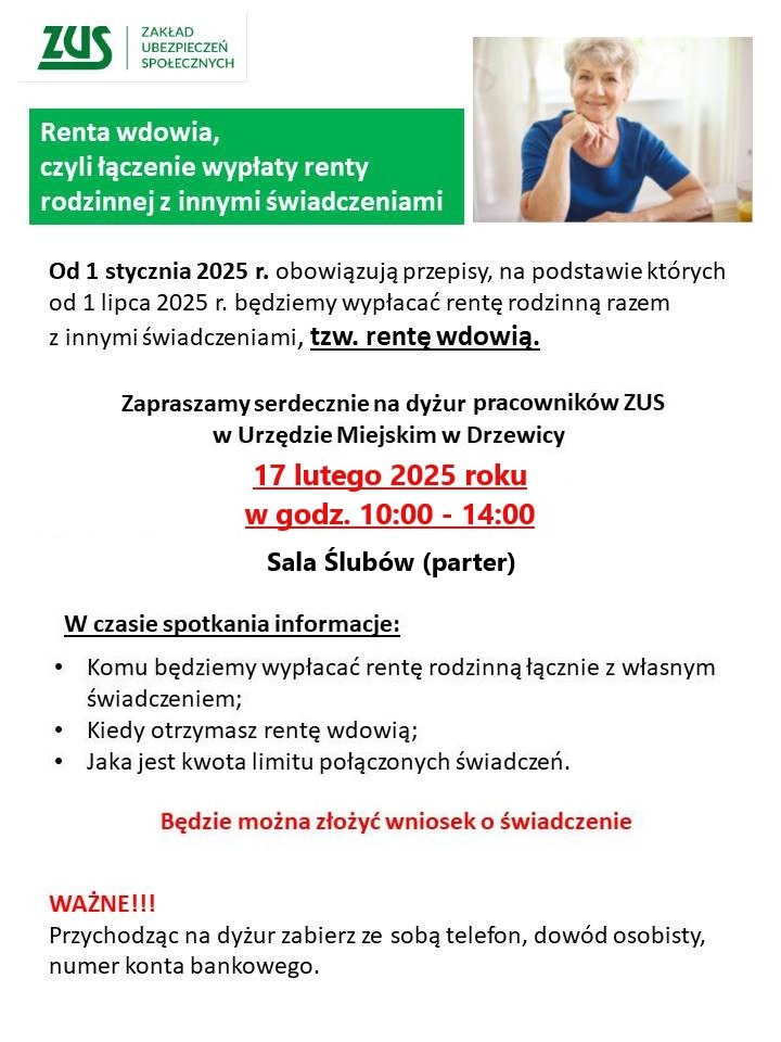 Plakat informujący o dyżurze pracowników ZUS 