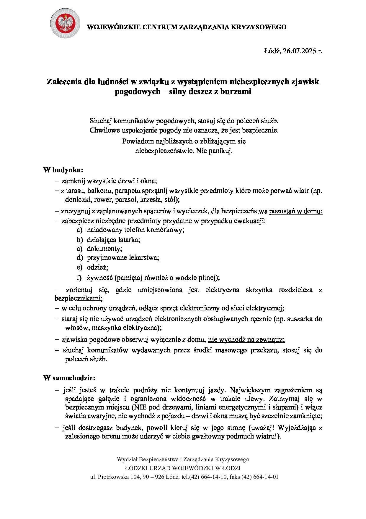 PILNE - Zalecenia dla ludności w związku z wystąpieniem niebezpiecznych zjawisk pogodowych – silny deszcz z burzami