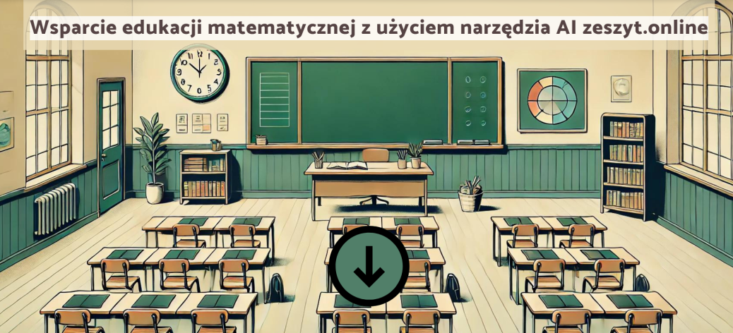 Obraz przedstawia wnętrze klasy z ławkami, biurkiem i tablicą