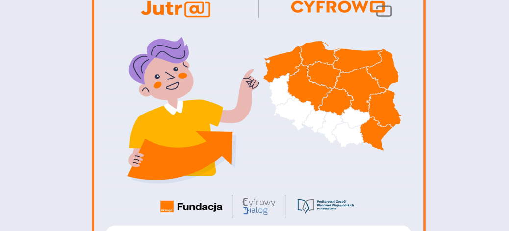 Osoba wskazująca na mapę Polski z kilkoma województwami zaznaczonymi na pomarańczowo.