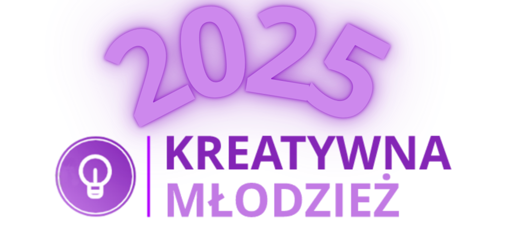 Fioletowe logo, na dole napis ''Kreatywna Młodzież'' i grafika żarówki. Na górze data ''2025'