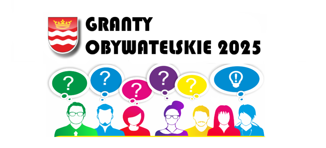 Na górze napis ''Granty Obywatelskie 2025'', na dole grafika z konturami postaci ludzi i znakami zapytania