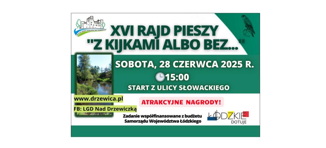 Grafika-zaproszenie na rajd. Nazwa, termin rajdu. Linki do informacji. Informacja o dofinansowaniu. Logotypy LGD i Łódzkie Dotuje. Pionowe fofo z trasy