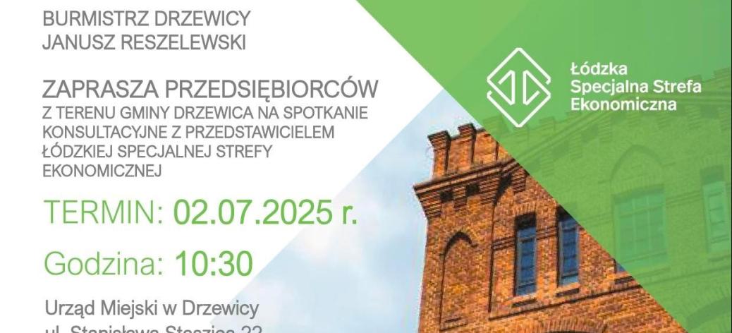 Grafika zawierająca informacje o spotkaniu, logo ŁSSE i zdjęcie zabytkowego budynku przemysłowego