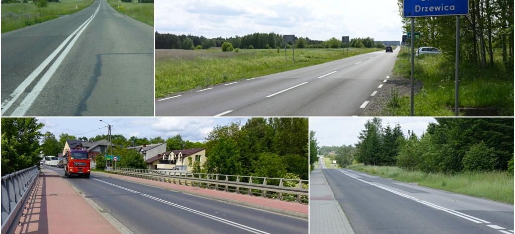 Collage zdjęć odcinków drogi wojewódzkiej nr 728 przebiegających przez Gminę Drzewica