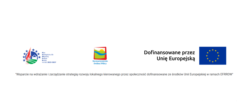 Od lewej: Logotyp PSWPR, Logotyp Stowarzyszenia Dolina Pilicy praz logotyp "Dofinansowano przez Unię Europejską".