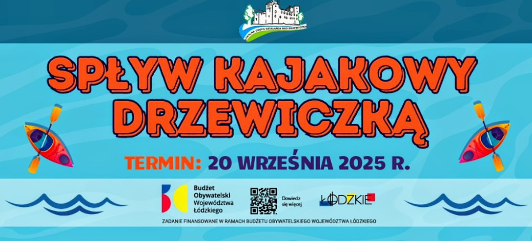 Na tle w różnych odcieniach niebieskiego nazwa i termin spływu, logo LGD, po dwie małe grafiki kajaków i fal oraz informacja o dofinansowaniu z Budżetu Obywatelskiego WŁ