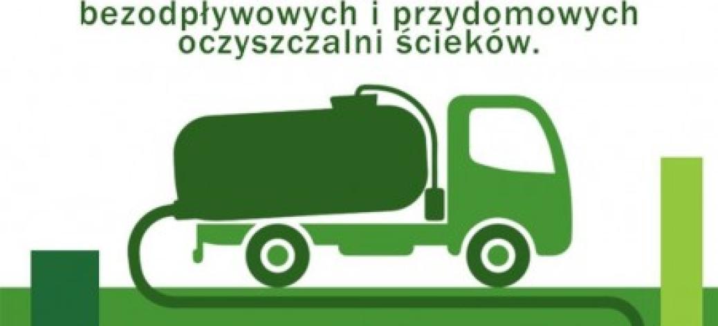 Napis kontrola zbiorników bezodpływowych i przydomowych oczyszczalni ścieków i obraz szambiarki
