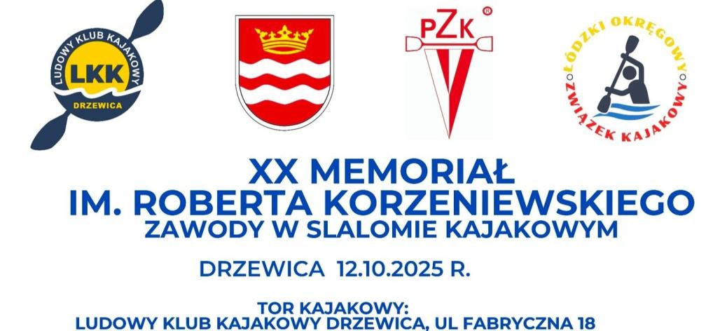 Grafika na białym tle. Na górze  logotypy LKK Drzewica, Gminy Drzewica, PZKaj. i ŁOZKaj. W środku nazwa regat, poniżej termin oraz miejsce zawodów wraz z adresem toru
