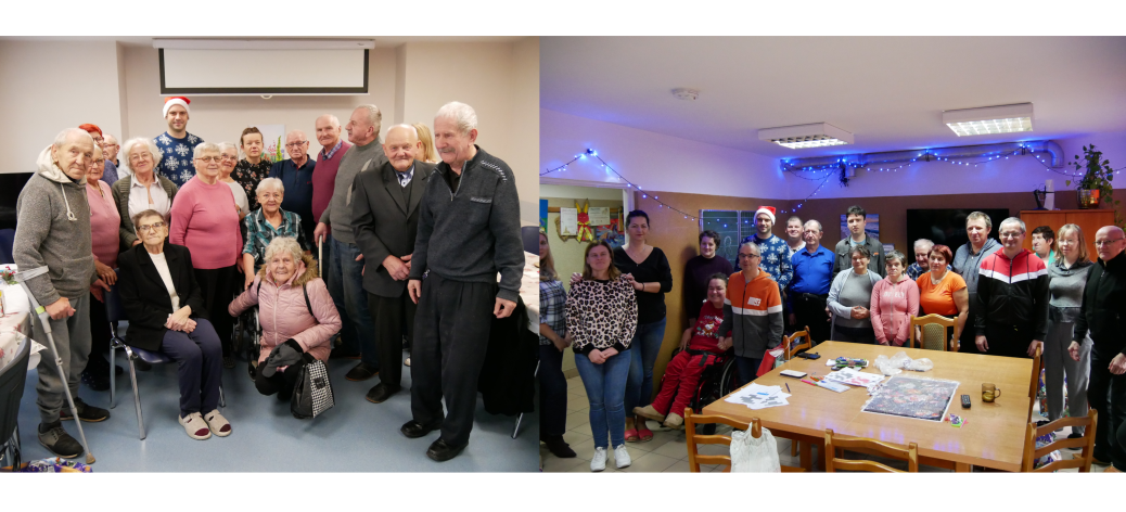 Kolaż dwóch zdjęć. Po lewo uczestnicy i pracownicy dziennego domu pomocy Senior + z Zastępcą Burmistrza Drzewicy pozują do wspólnego zdjęcia w świetlicy Senior +; po prawo uczestnicy, pracownicy i kierownictwo Warsztatu Terapii Zajęciowej w Drzewicy pozujący do wspólnego zdjęcia z Zastępcą Burmistrza Drzewicy.