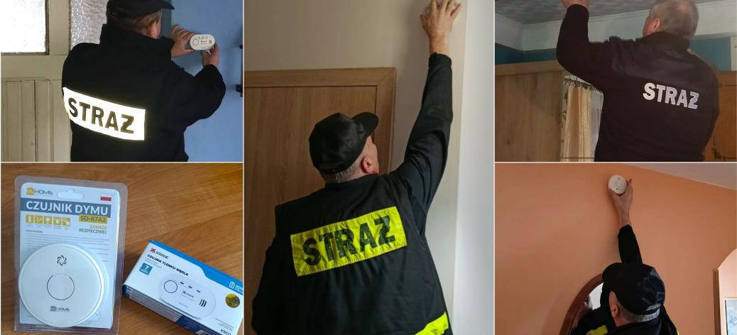 Collage pięciu zdjęć. Cztery przedstawiają druhów OSP montujących czujki dymu lub czadu. Jedno czujkę dymu i czujkę czadu