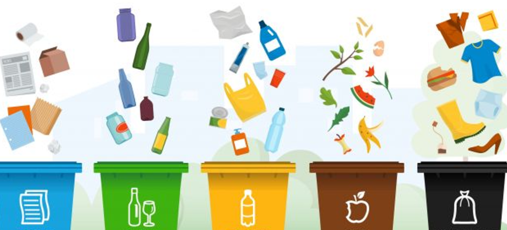 Ilustracja przedstawia segregację odpadów do kolorowych pojemników: niebieskiego (papier), zielonego (szkło), żółtego (plastik i metal), brązowego (bioodpady) i czarnego (odpady zmieszane). Nad koszami unoszą się przykładowe śmieci odpowiadające każdej kategorii.