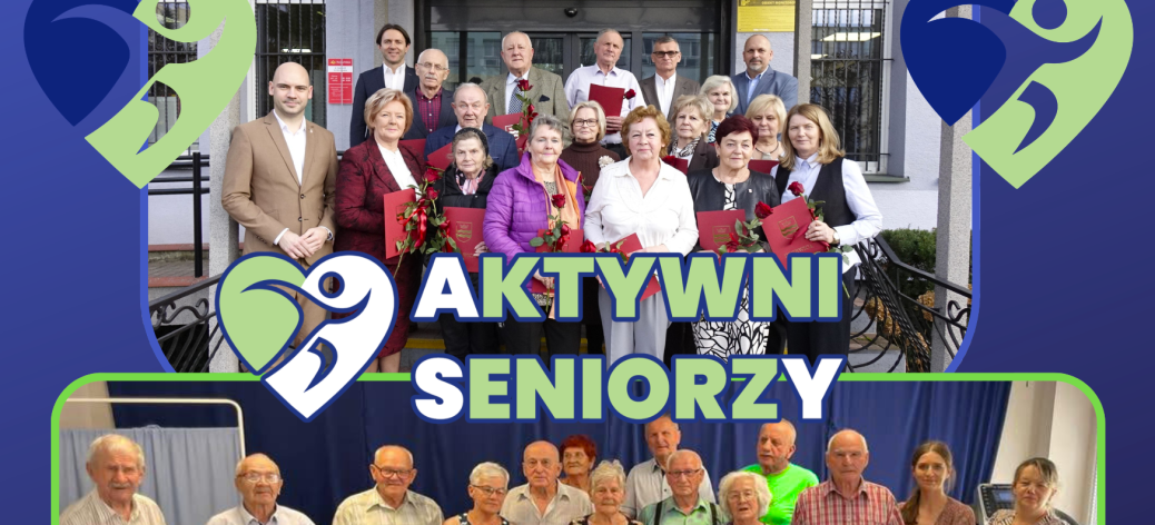 Grafika z dwoma zdjęciami grupowymi, logotypami i napisami. Na górnym zdjęciu członkowie Miejskiej Rady Seniorów i gminni samorządowcy stoją przed budynkiem Urzędu Miejskiego w Drzewicy. Na dolnym zdjęciu seniorzy z DD Senior+ w Drzewicy pozują do wspólnej fotografii w sali. Pośrodku duży napis „Aktywni Seniorzy” oraz logo programu. Grafika utrzymana jest w kolorystyce niebiesko-zielonej.