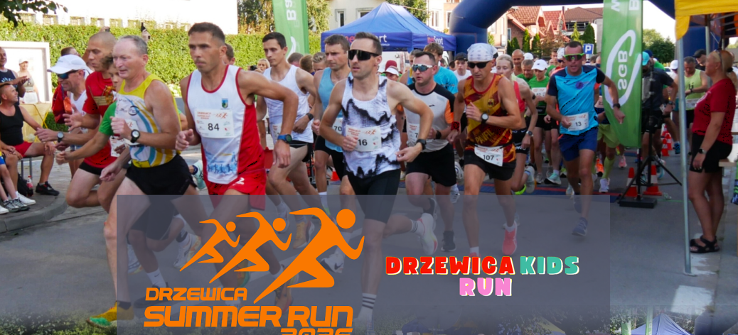 Kolaż promocyjny imprezy biegowej Drzewica Summer Run 2026 oraz Drzewica Kids Run. Grafika składa się z dwóch zdjęć: u góry dorośli biegacze na starcie biegu ulicznego, u dołu biegnące dzieci. Na środku pomarańczowe logo z sylwetkami biegaczy oraz napisy z nazwami wydarzeń.