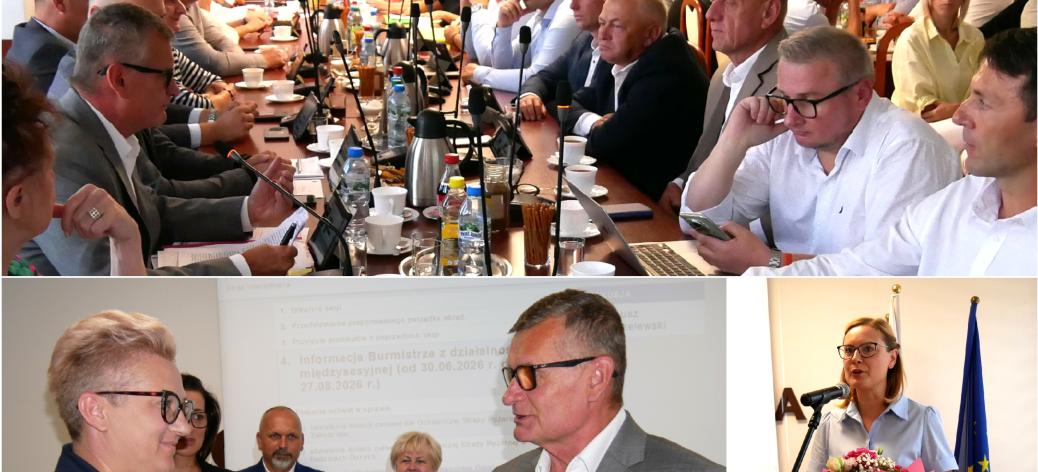 Kolaż trzech zdjęć z sesji Rady Miejskiej w Drzewicy. Na górze sala pełna radnych obradujących przy długim stole. Na dole po lewej Pani Sołtys Werówki i Burmistrz Drzewicy w obecności radnych. Na dole Pani Dyrektor przedszkola w błękitnej sukience z bukietem kwiatów przemawiająca do mikrofonu.