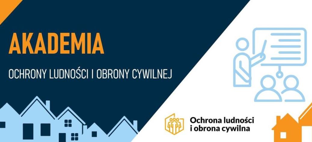 Baner Akademii Ochrony Ludności i Obrony Cywilnej z ilustracją domów, osób podczas szkolenia oraz logo instytucji.