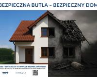 Baner przedstawia budynek mieszkalny połowa zniszczona przez wybuch gazu, połowa w stanie przed wybuchem