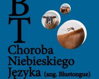 Niebieskie tło napis BT Choroba niebieskiego języka obraz komara, owcy i krowy