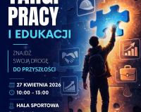plakat promujący wydarzenie, po lewej stronie znajduje się duży, wyraźny napis: „XI Opoczyńskie Targi Pracy i Edukacji” oraz hasło: „Znajdź swoją drogę do przyszłości”.  Poniżej podane są szczegóły wydarzenia:  data: 27 kwietnia 2026 godzina: 10:00–13:00 miejsce: hala sportowa Zespołu Szkół Powiatowych im. Stanisława Staszica w Opocznie