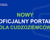 Napis na niebieskim tle Nowy oficjalny portal dla cudzoziemców