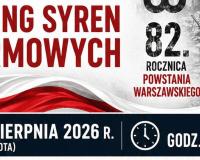 Plakat informujący o treningu syren alarmowych z okazji 82. rocznicy Powstania Warszawskiego. Na grafice widoczna jest biało-czerwona flaga, sylwetka powstańca oraz informacje: 1 sierpnia 2026 r. (sobota), godz. 17:00. Dominują kolory biały, czerwony i czarny.