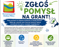 Plakat informacyjny Stowarzyszenia Dolina Pilicy pod hasłem „Zgłoś pomysł na grant!”. Zaproszenie dla mieszkańców, organizacji i samorządów do zgłaszania propozycji zadań do projektu grantowego.