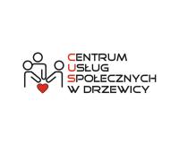 Trzy osoby trzymające czerwone serce i napis Centrum Usług Społecznych w Drzewicy