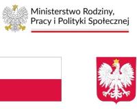 Napis Ministerstwo Rodziny, Pracy i Polityki Społecznej, flaga polski i godło