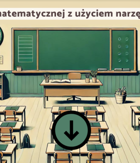 Obraz przedstawia wnętrze klasy z ławkami, biurkiem i tablicą