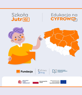 Osoba wskazująca na mapę Polski z kilkoma województwami zaznaczonymi na pomarańczowo.