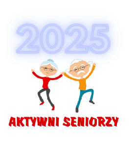 Na białym tle kolorowe logo inicjatywy ''Aktywni Seniorzy''. Na górze data ,,2025'', w środku rysunek dwojga tańczących seniorów, na dole napis ''Akywni Seniorzy''
