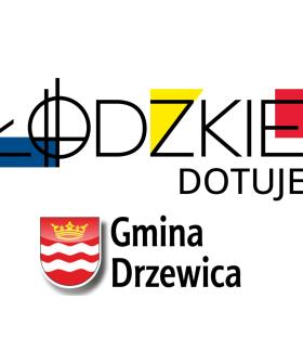 Na białym tle napisy - na górze  ,,Łódzkie dotuje'', na dole ,,Gmina Drzewica''