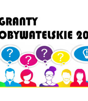 Na górze napis ''Granty Obywatelskie 2025'', na dole grafika z konturami postaci ludzi i znakami zapytania