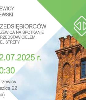 Grafika zawierająca informacje o spotkaniu, logo ŁSSE i zdjęcie zabytkowego budynku przemysłowego