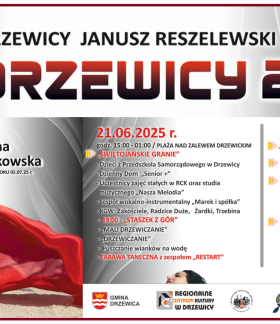 Grafika z napisem ''Burmistrz Drzewicy Janusz Reszelewski zaprasza na Dni Drzewicy 2025'', zdjęciem Justyny Steczkowskiej w czerwonej sukni, programem obchodów i logotypami organizatorów.