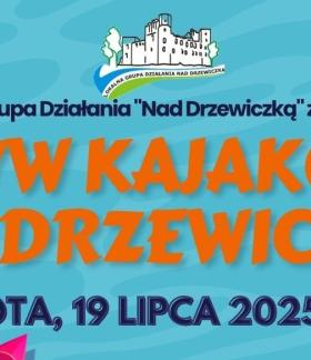 Kolorowa grafika z lotypem LGD Nad Drzewiczką oraz napisem z zaproszeniem, nazwą i datą spływu