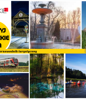Grafika promująca przewodnik turystyczny  akcji ''Zajrzyj w Łódzkie z ŁKA''. Przedstawia kolaż zdjęć z atrakcjami turystycznymi województwa łódzkiego, nazwę akcji i logotypy organizatorów akcji