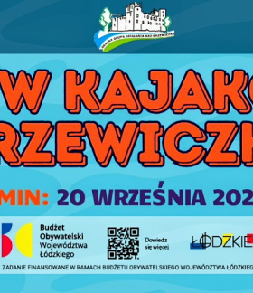 Na tle w różnych odcieniach niebieskiego nazwa i termin spływu, logo LGD, po dwie małe grafiki kajaków i fal oraz informacja o dofinansowaniu z Budżetu Obywatelskiego WŁ