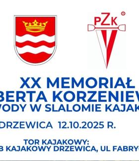 Grafika na białym tle. Na górze  logotypy LKK Drzewica, Gminy Drzewica, PZKaj. i ŁOZKaj. W środku nazwa regat, poniżej termin oraz miejsce zawodów wraz z adresem toru