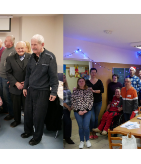 Kolaż dwóch zdjęć. Po lewo uczestnicy i pracownicy dziennego domu pomocy Senior + z Zastępcą Burmistrza Drzewicy pozują do wspólnego zdjęcia w świetlicy Senior +; po prawo uczestnicy, pracownicy i kierownictwo Warsztatu Terapii Zajęciowej w Drzewicy pozujący do wspólnego zdjęcia z Zastępcą Burmistrza Drzewicy.