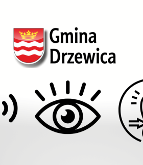 Grafika na jasnym tle. Na górze herb z napisem Gmina Drzewica. Niżej graficzne symbole badań słuchu, wzroku i wad postawy