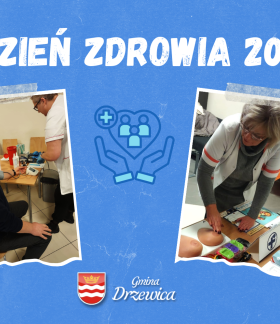 Grafika na niebieskim tle. Na górze nazwa akcji, w środku emblemat służby zdrowia,  na dole herb z napisem Gmina Drzewica. Po lewej zdjęcie pomiaru ciśnienia krwi, po prawej pokaz badania piersi