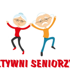 Grafika przedstawiająca dwoje pląsających, trzymających się za ręce seniorów oraz napis  AKTYWNI SENIORZY