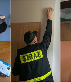 Collage pięciu zdjęć. Cztery przedstawiają druhów OSP montujących czujki dymu lub czadu. Jedno czujkę dymu i czujkę czadu