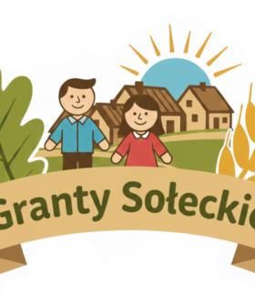 Dwie postacie stojące między łanem zborza i liściem żołędnym_w tle wiejskie zabudowania a za nimi zachodzące słońce na przedzie napis granty sołeckie