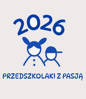 Logo na jasnoszarym tle z niebieskimi napisami ,,2026 Przedszkolaki z pasją'' oraz grafiką przedstawiającą kontury dwóch postaci