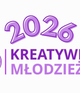 - Logo w odcieniach fioletu z napisem ,,2026 Kreatywna Młodzież'' i symbolem żarówki otoczonej kołem