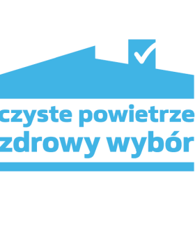 Grafika z niebieskim symbolem domu z kominem i znakiem ,,ptaszka''. Pod nim napis ,,czyste powietrze zdrowy wybór''